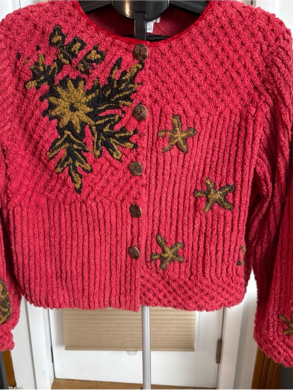Vintage Shirred chenille Women’s Red Floral Button Cardigan Sweater Jacket
